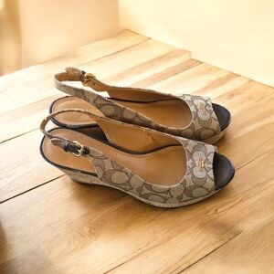 Coach Womens Ferry Monogram Brown Patterned Wedge Sandals
